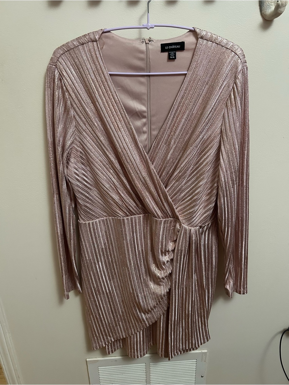 le chateau Rose Gold Metallic Pleated Wrap Long Sleeve Dress